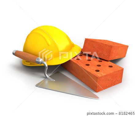 Bricks, trowel and a yellow plastic helmet 8182465