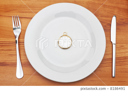 Concept image plate fork and pocket watches. Time for dinner. 8186491