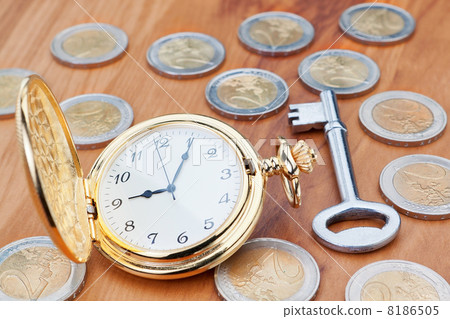 Gold pocket watch on the background euro coins and keys. Gold pocket watch on the background euro coins and keys. 8186505