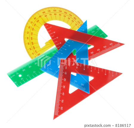 Geometric drawing supplies, rulers, protractor. On a white backg 8186517