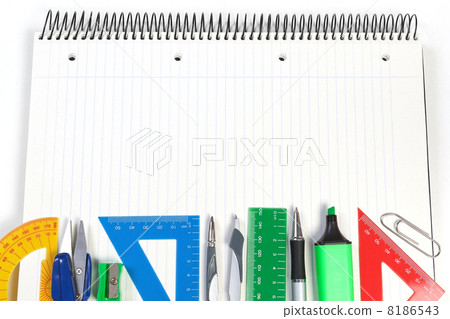 A set of office tools on the notebook to take notes. Frame for n A set of office tools on the notebook to take notes. Frame for n 8186543