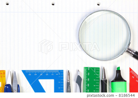 A set of office tools on the notebook to take notes. Frame for r A set of office tools on the notebook to take notes. Frame for r 8186544