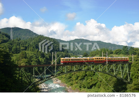 Two-story train of the local iron crossing the iron bridge of Joganji river 8186576