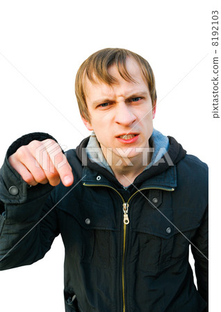 man showing one's finger into camera. Forvard sign 8192103