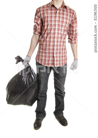 Man holding black plastic trash bag Man holding black plastic trash bag 8196300