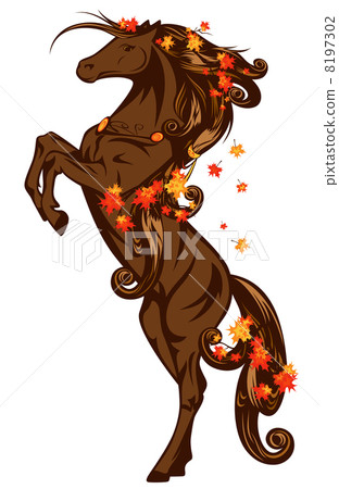 autumn fairy tale horse rearing up with maple leaves autumn fairy tale horse rearing up with maple leaves 8197302