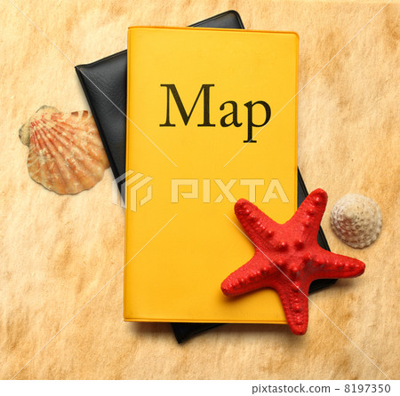 Seastar and seashells with map on stained paper Seastar and seashells with map on stained paper 8197350