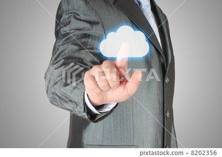 Businessman pushes virtual cloud button. 8202356