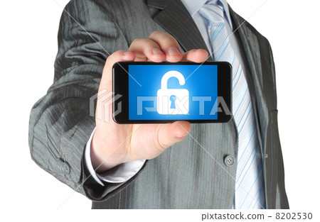 Businessman holds smart phone with lock . 8202530