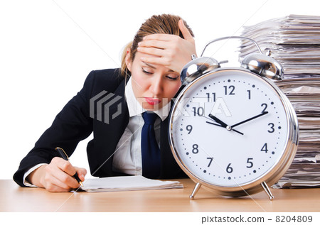 Woman businesswoman with giant alarm clock Woman businesswoman with giant alarm clock 8204809