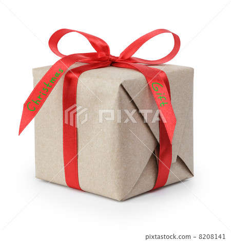 small gift box wraped in recycled paper with ribbon bow 8208141