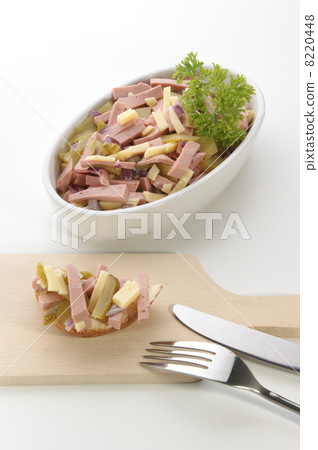 homemade sausage salad with cheese and gherkin homemade sausage salad with cheese and gherkin 8220448