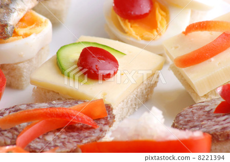 some party nibbles on a white plate 8221394