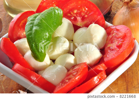 Mozzarella with tomatoes and basil as salad 8221668