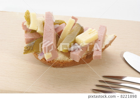 homemade sausage salad with cheese and gherkin with bread 8221898