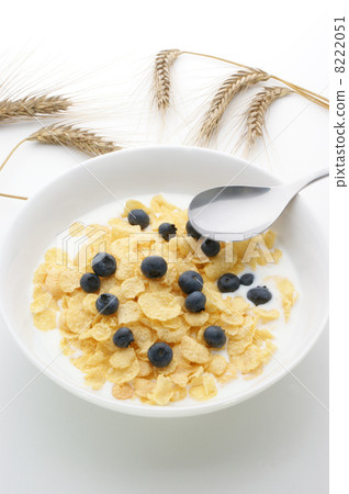 Muesli milk and blueberries in a white bowl Muesli milk and blueberries in a white bowl 8222051