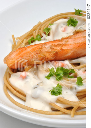 salmon steak with home made spaghetti and parsley salmon steak with home made spaghetti and parsley 8224347