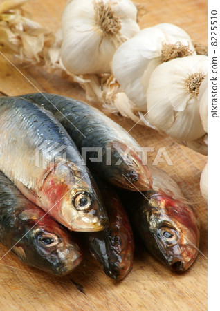 some fresh organic sardine on a timber board some fresh organic sardine on a timber board 8225510