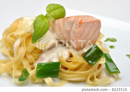 steamed wild salmon steak with home made pasta steamed wild salmon steak with home made pasta 8225518