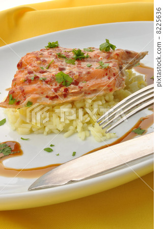 smoked trout with organic rice on a plate smoked trout with organic rice on a plate 8225636