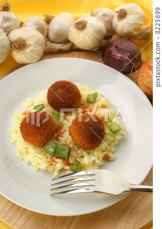 chicken meat balls with rice on a plate chicken meat balls with rice on a plate 8225899