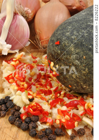 some fresh crushed organic spices and pestle 8226222