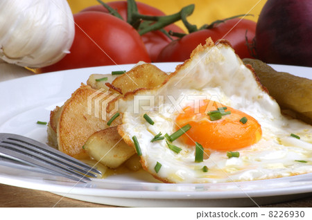 roasted potato with fried egg on a plate roasted potato with fried egg on a plate 8226930