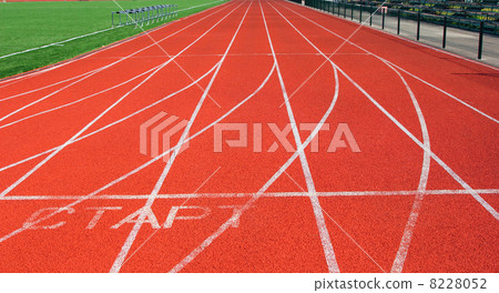 Red treadmill at the stadium with white lines Red treadmill at the stadium with white lines 8228052