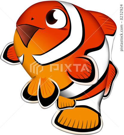可愛的魚插圖，描繪的是一條小丑魚（Ocellaris clownfish），向量格式，白色背景（PNG 版本具有透明背景）。 8232924