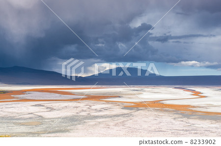 mountain, reflecting in the lake with flamingos, bolivia 8233902