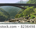 Hozugawa下降夏天京都鐵橋樑和橫向河和岸 Hozugawa下降夏天京都鐵橋樑和橫向河和岸 8236498