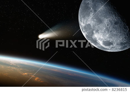 Earth, moon, comet in space Earth, moon, comet in space 8236815