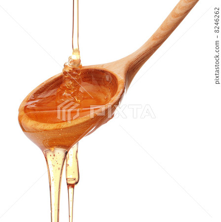 Honey dripping from a wooden honey dipper isolated on white back 8246262