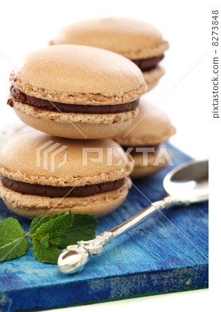 Chocolate almond cake and mint. 8273848