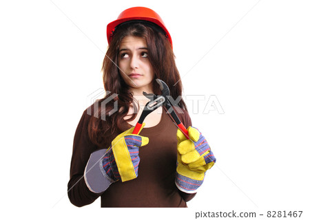young woman holds a water pipe wrench young woman holds a water pipe wrench 8281467