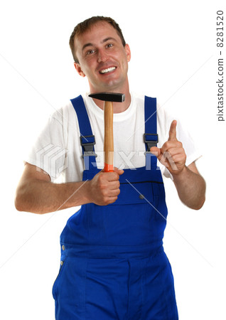 Craftsman with a white T-shirt holding a hammer Craftsman with a white T-shirt holding a hammer 8281520