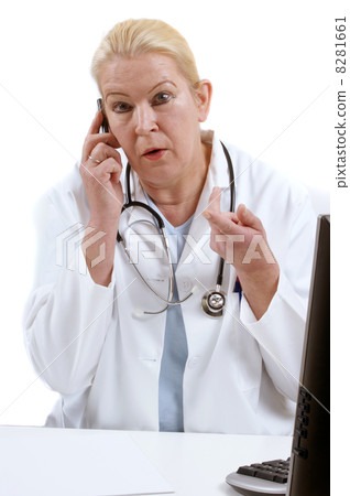 medical assistant with a cordless phone and white background 8281661