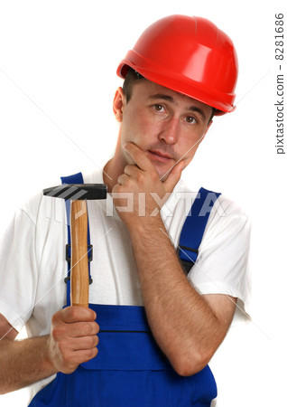 Craftsman with a white T-shirt holding a hammer Craftsman with a white T-shirt holding a hammer 8281686