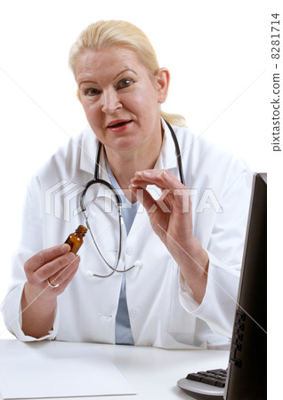 medical assistant with a brown pill bottle and tablet medical assistant with a brown pill bottle and tablet 8281714
