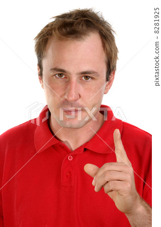 young man in a red shirt with a raised hand 8281925