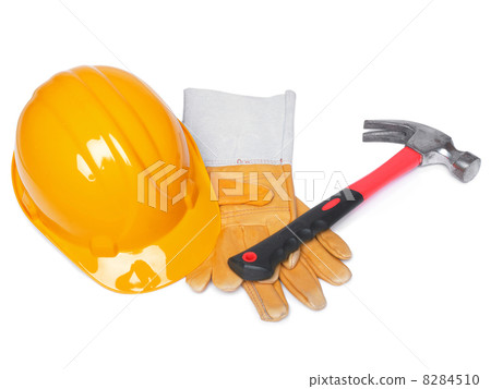Orange HardHat Hammer And Leather Gloves Orange HardHat Hammer And Leather Gloves 8284510