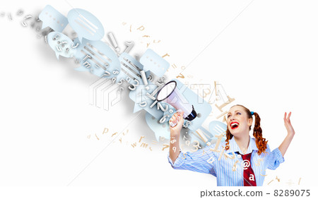 Funny looking woman with megaphone 8289075