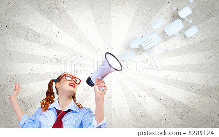 Funny looking woman with megaphone Funny looking woman with megaphone 8289124