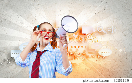 Funny looking woman with megaphone Funny looking woman with megaphone 8289129