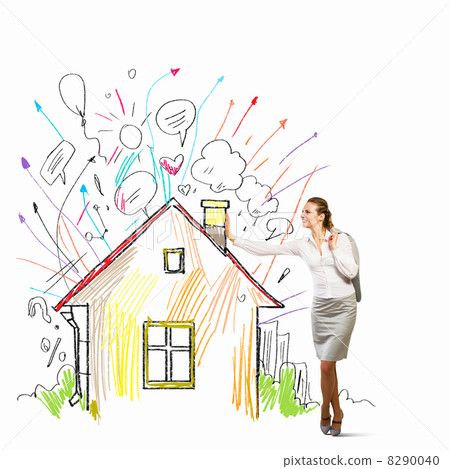Businesswoman leaning on illustration Businesswoman leaning on illustration 8290040