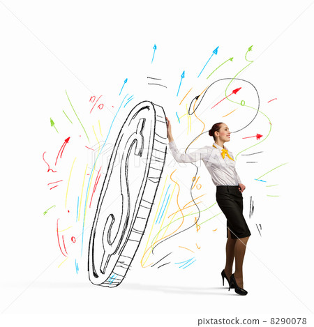 Businesswoman leaning on dollar sign Businesswoman leaning on dollar sign 8290078