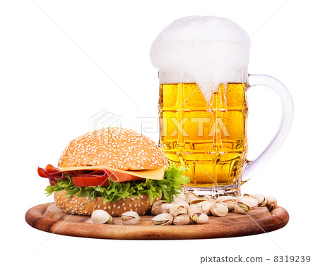 Closeup of homemade burger and beer Closeup of homemade burger and beer 8319239