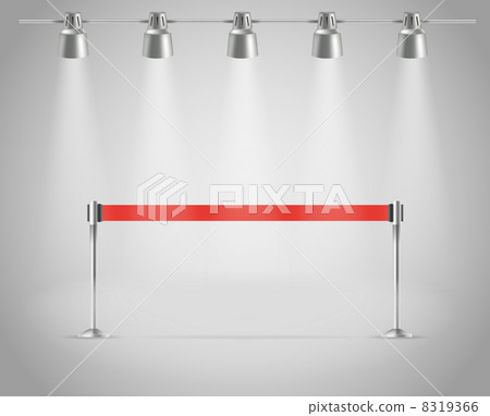 Photorealistic bright stage with projectors and red ribbon 8319366