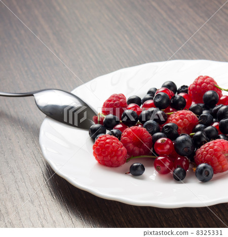 Fresh Berries in White Saucer with Spoon 8325331