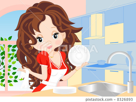 woman wipes the dishes in the kitchen woman wipes the dishes in the kitchen 8326893